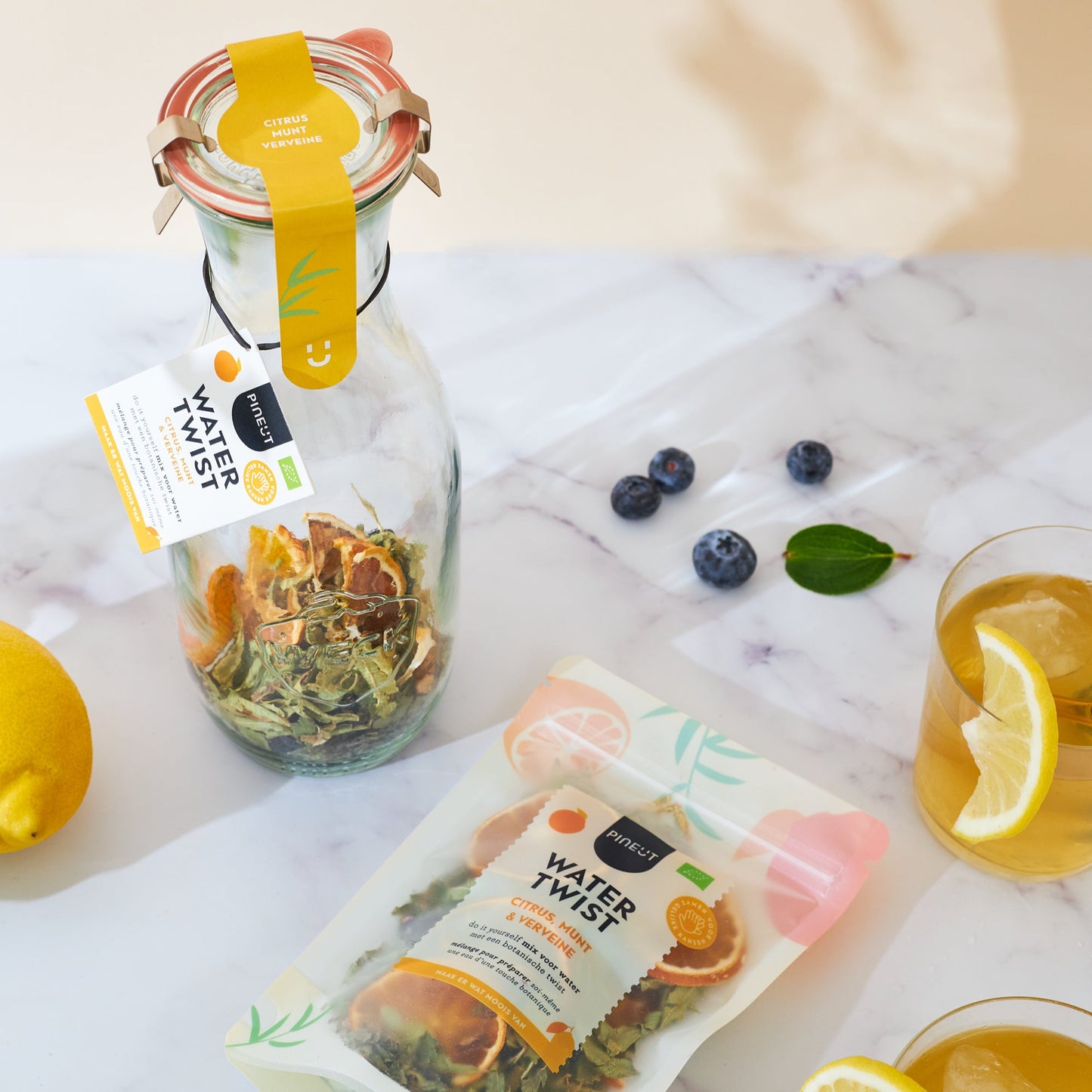 Watertwist | Zitrusfrüchte, Minze und Eisenkraut | in einer Karaffe | Bio | Pinienkerne